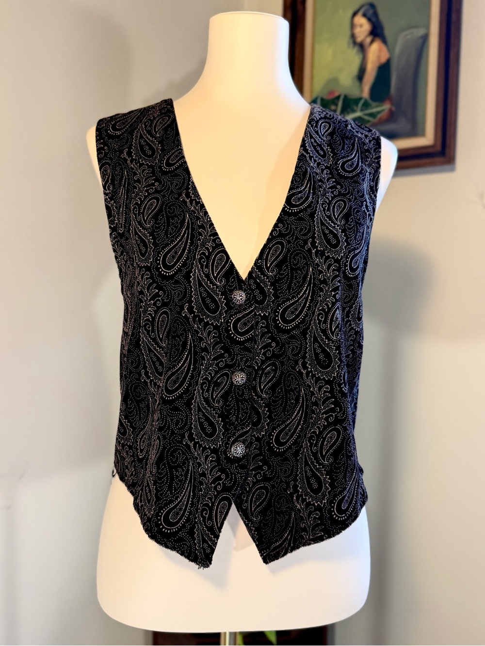 Vintage 90s Velvet Vest Paisley Rhinestone Buttons Trimmings Black Goth Parisian